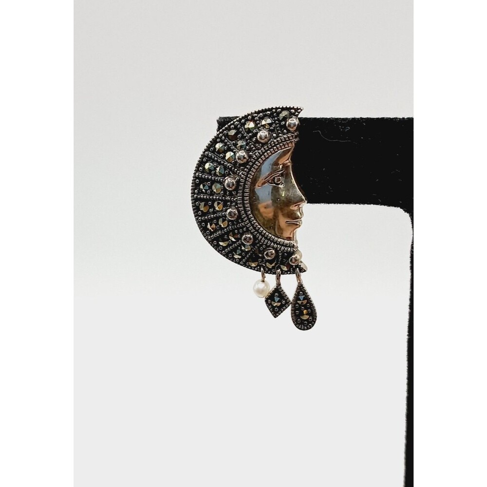 Celestial Sterling Pendant Necklace Earrings  Black Onyx Marcasite Man-in-Moon - Picture 4 of 12